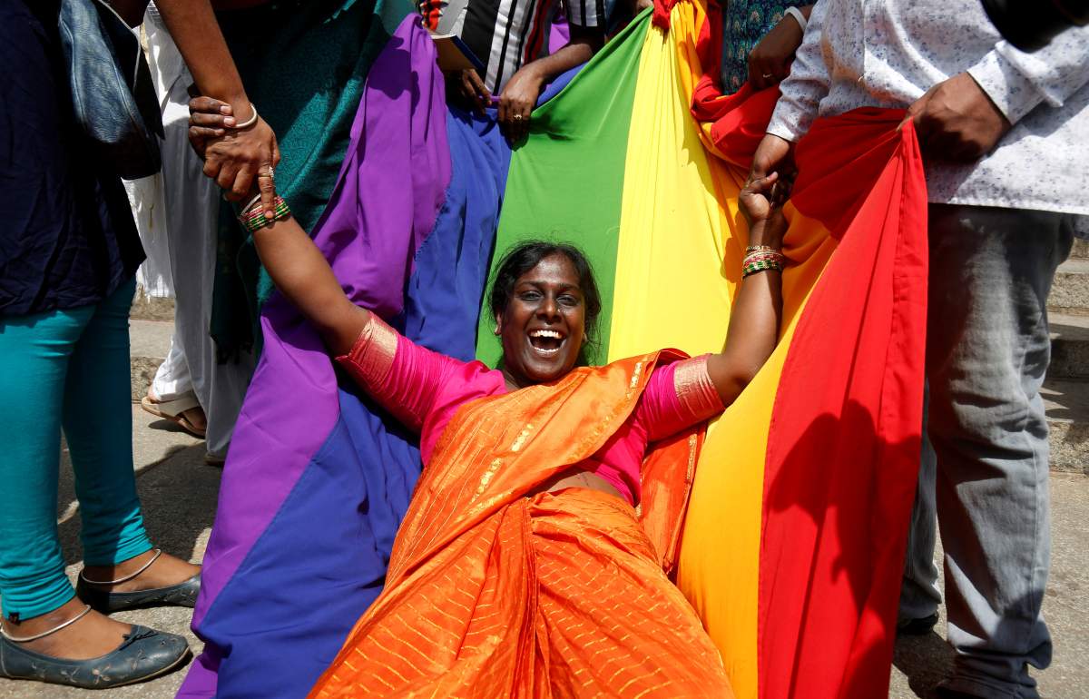 An activist of lesbian, gay, bisexual and transgender (LGBT) community celebrates after the Supreme Court’s verdict of decriminalizing gay sex and revocation of the Section 377 law, in Bengaluru, India, September 6, 2018.