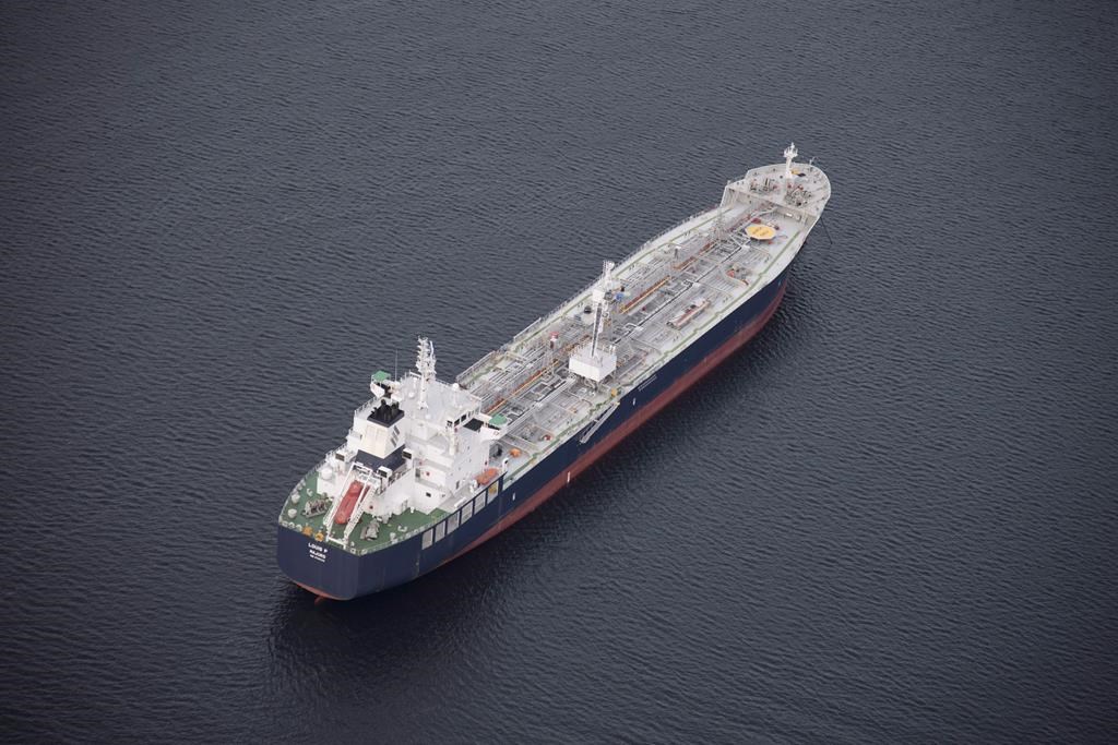 A tanker is anchored in Burrard Inlet just outside of Burnaby, B.C., on Friday, Nov. 25, 2016.