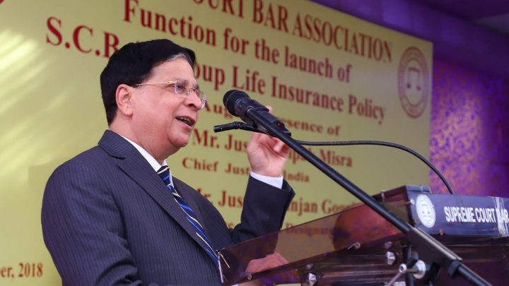 Chief Justice of India Dipak Misra is shown at a Supreme Court Bar Association event on Sept. 26, 2018.