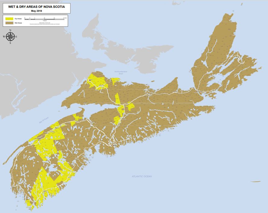 The “dry” areas of the province are shaded in bright yellow in this map that was featured in the Elections Nova Scotia 2017-2018 annual report.