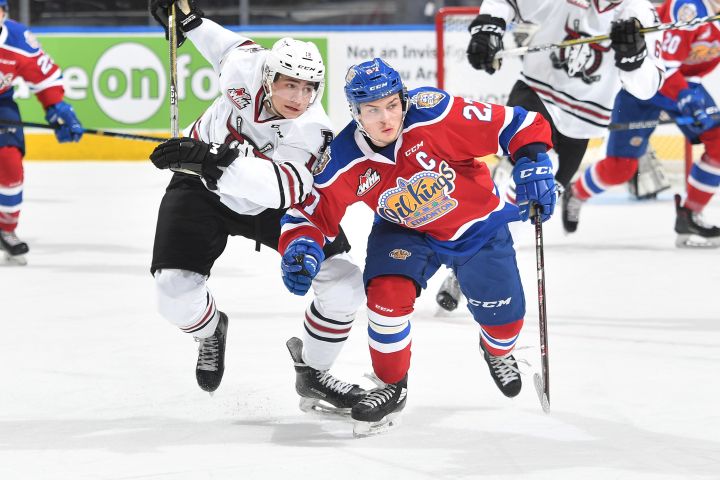 Edmonton Oil Kings Trey Fix-Wolansky (right) notched three assists in his first game as the team’s captain on Friday night vs. the Red Deer Rebels. Fix-Wolansky returned to the team after attending training camp with the NHL’s Columbus Blue Jackets.