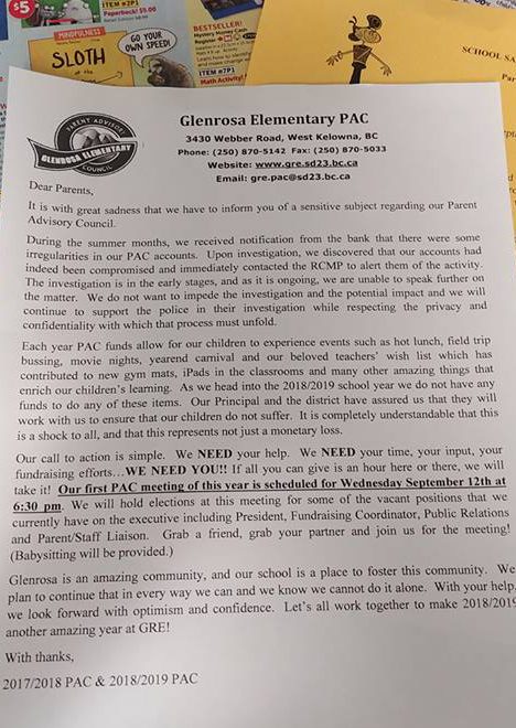A letter from the Glenrosa Elementary School Parent Advisory Council went home with children Thursday.