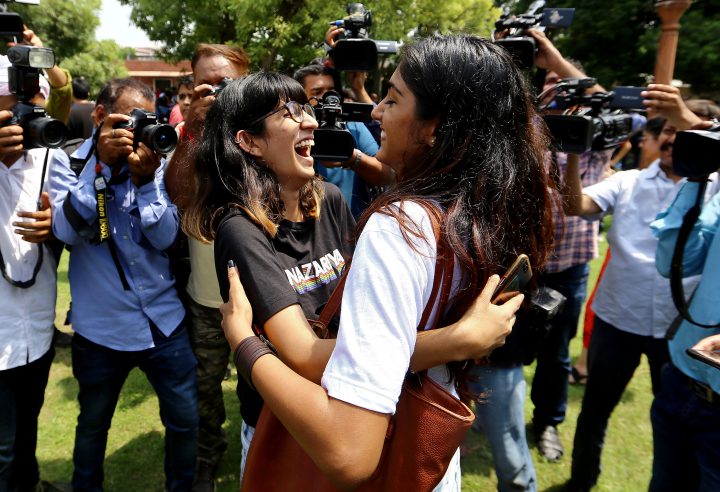 People celebrate after the Supreme Court’s verdict of decriminalizing gay sex and revocation of the Section 377 law, inside the Supreme Court premises in New Delhi, India, September 6, 2018.