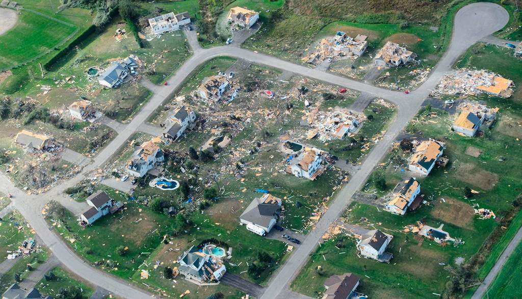 Damage from a tornado is seen in Dunrobin, Ont., west of Ottawa on Saturday, Sept. 22, 2018. The storm tore roofs off of homes, overturned cars and felled power lines in the Ottawa community of Dunrobin and in Gatineau, Que. THE CANADIAN PRESS/Sean Kilpatrick