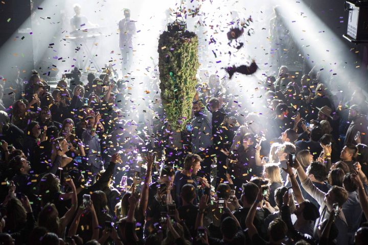 A depiction of a cannabis bud drops from the ceiling at Leafly’s countdown party in Toronto on Wednesday, Oct. 17, 2018, as midnight passes and marks the first day of the legalization of cannabis across Canada.