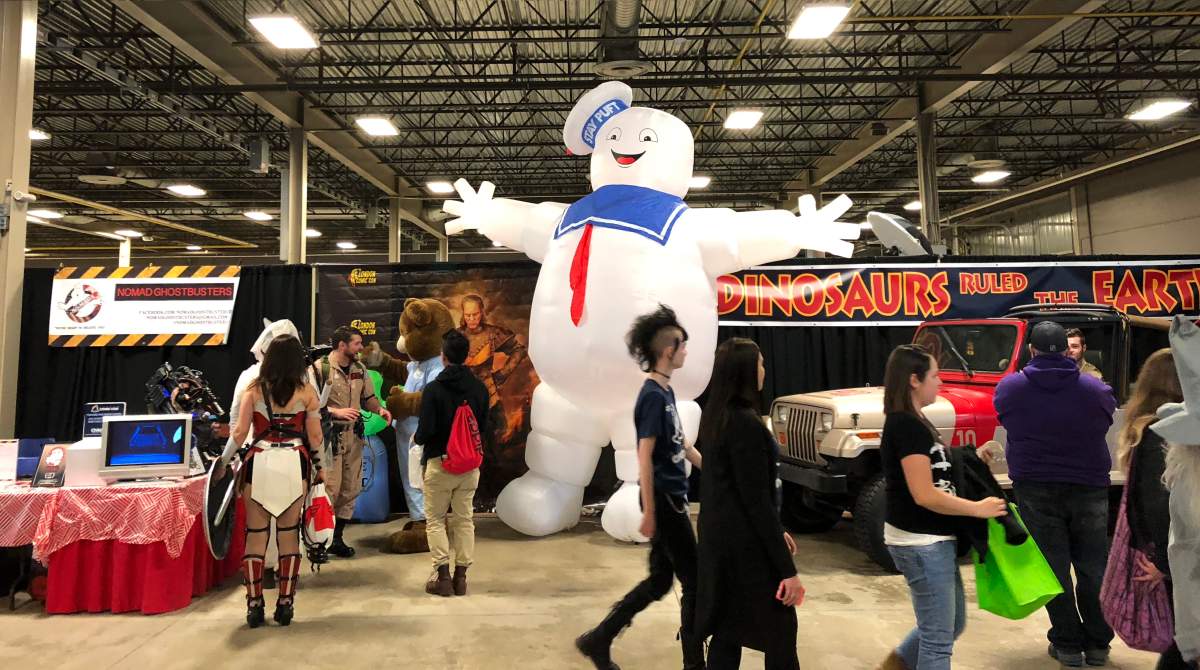 The Stay Puft Marshmallow Man stands tall inside the Agriplex building at the Western Fair District.