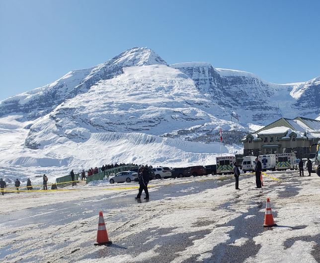 The scene of a collision where a woman was killed by her tour bus in the parking lot of the Columbia Icefield Discovery Centre on Thursday, Oct. 4.