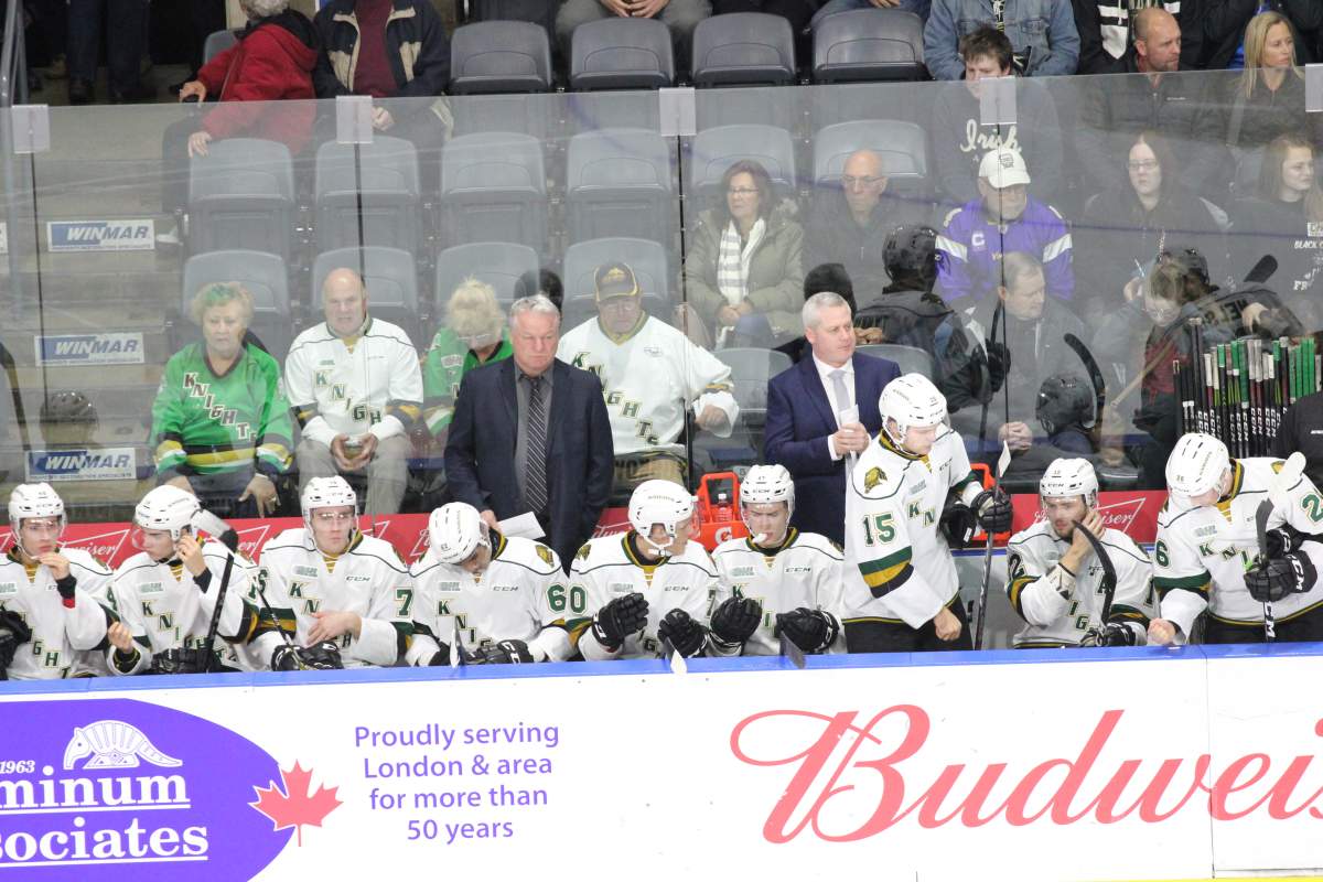 London, Ont., The London Knights sit on the bench during the third period of their game against the Oshawa Generals at Budweiser Gardens on October 19, 2018.