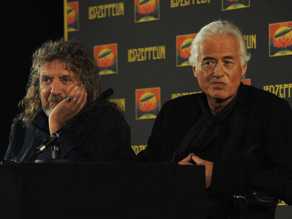(L-R) Robert Plant and Jimmy Page attend a press conference to announce Led Zeppelin's new live DVD, Celebration Day, on Sept. 21, 2012 in London, England. 