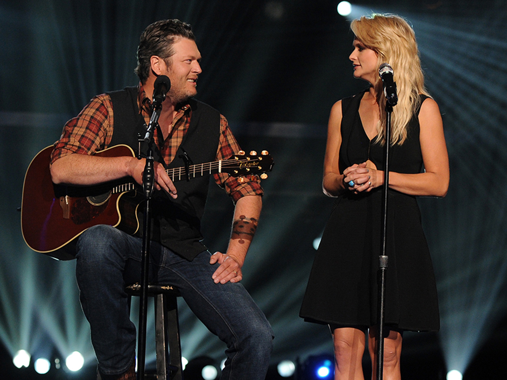 Blake Shelton (L) and Miranda Lambert perform onstage during ACM Presents: An All-Star Salute To The Troops at the MGM Grand Garden Arena on April 7, 2014 in Las Vegas, Nev.