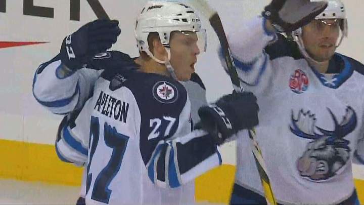 Mason Appleton scored three goals and two assists Sunday to lift the Manitoba Moose over the San Antonio Rampage 6-3.