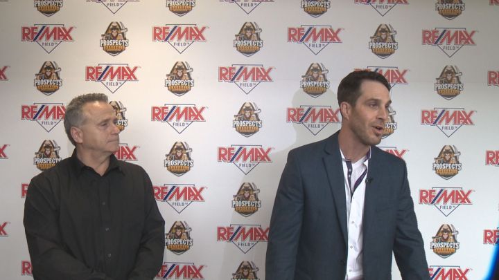 Pat Cassidy, the Edmonton Prospects' managing partner (left) is seen at a news conference in which he named Jordan Blundell (right) as the Prospects' new coach.