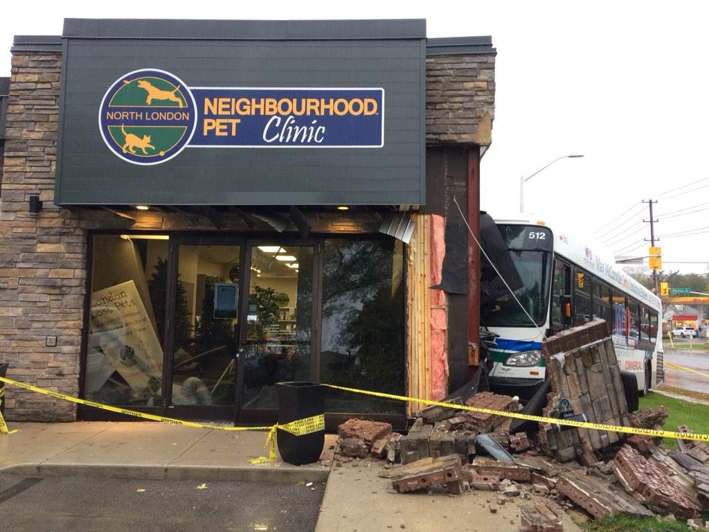 The exterior of the North London Neighbourhood Pet Clinic at 746 Waterloo Street, which was heavily damaged after an LTC slammed into the side of the building on Tuesday, Oct. 30, 2018.
