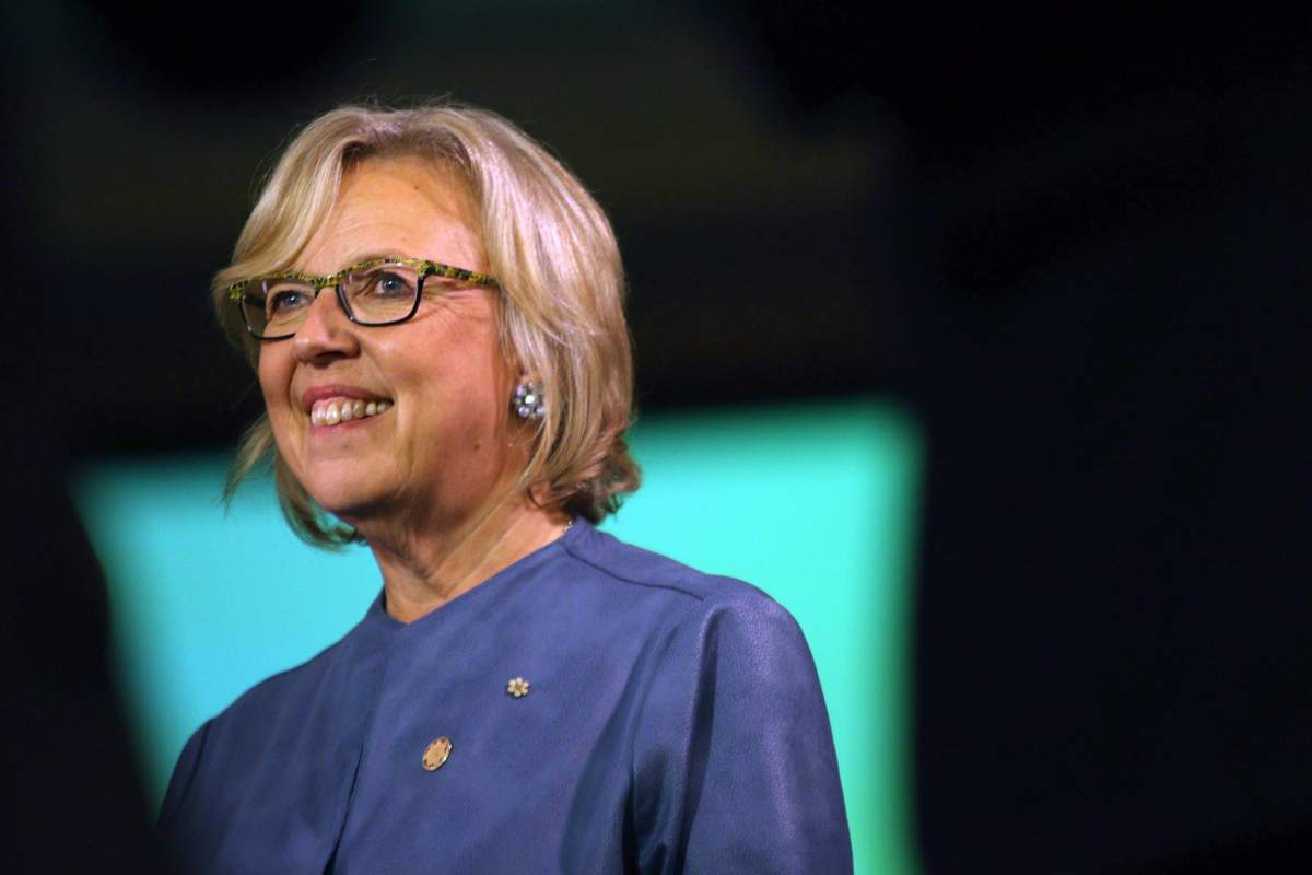 Green Party Leader Elizabeth May, speaks to speaks to media after finding out she's been re-elected during election night at the Victoria Conference Centre in Victoria, B.C., Monday, October 19, 2015.



