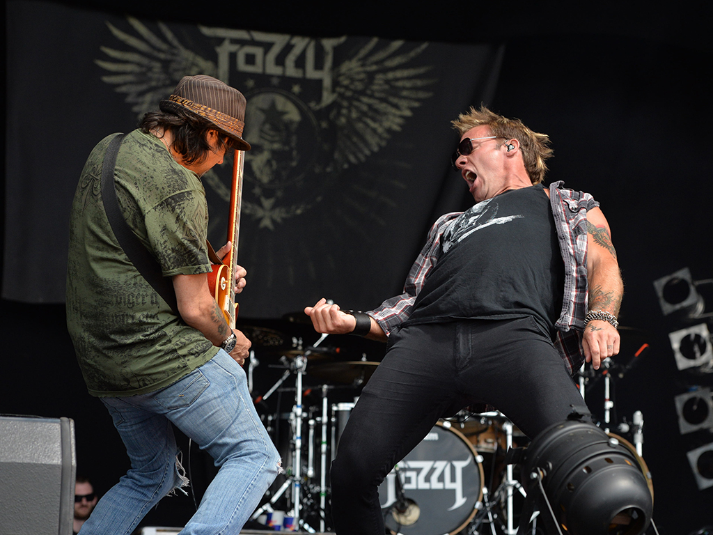 Motörhead guitarist Phil Campbell (L) with Chris Jericho of Fozzy at Bloodstock Open Air festival in Derbyshire, England, on Aug. 11, 2013.