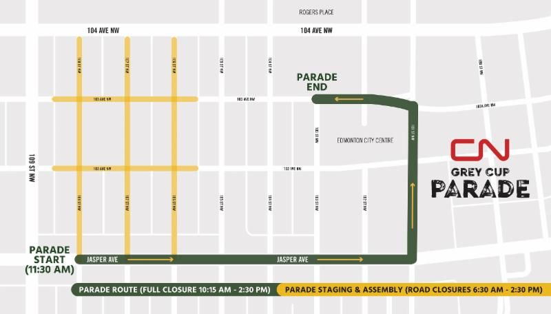 The 2018 Grey Cup Parade route in downtown Edmonton.
