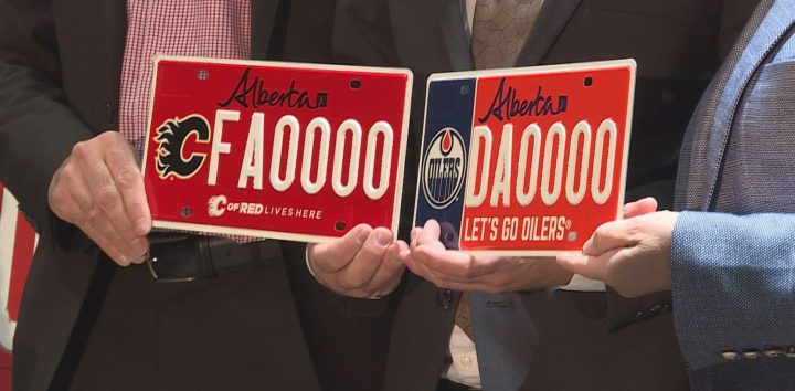 Service Alberta introduced two new specialty licence plates featuring the Flames and the Oilers on Saturday.