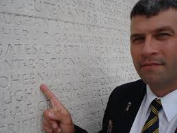 Walter Goheen was a cousin of John Goheen’s great grandfather. Walter was killed on Oct. 1, 1918 in his battalion’s (58th) last action of the First World War. His body was never found. John is pictured here pointing to his relative’s name on the Vimy Memorial.