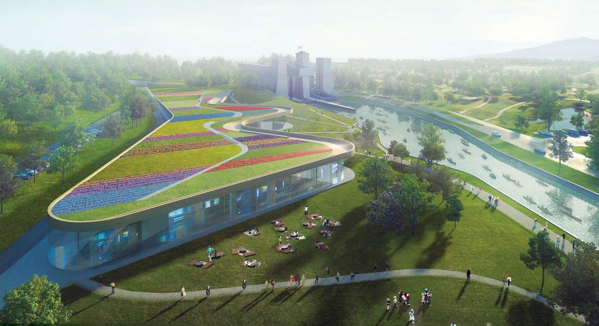An artist conception of the new Canadian Canoe Museum, designed by Heneghan Peng Artichets  and Kearns Macini Architects.