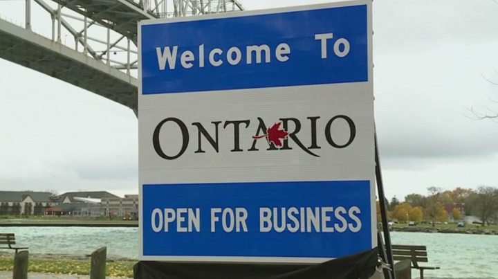 Premier Doug Ford unveiled this "Ontario open for business" sign in Sarnia on Nov. 2, 2018. Ford said the signs will be placed at every Ontario border with the U.S.