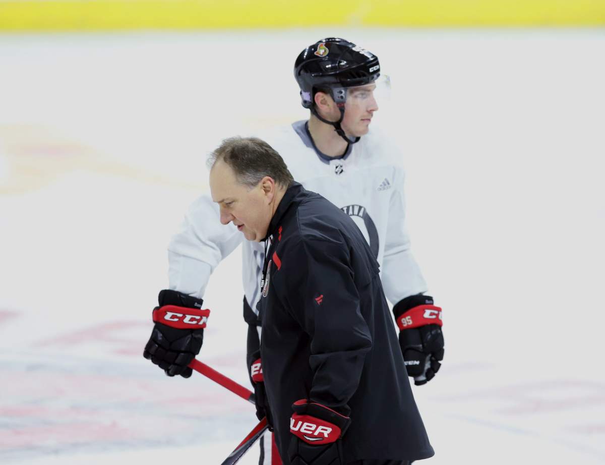 Ottawa Senators assistant coach Martin Raymond (left) and Senators forward Matt Duchene are shown during a team practice in Ottawa on Tuesday, November 6, 2018.