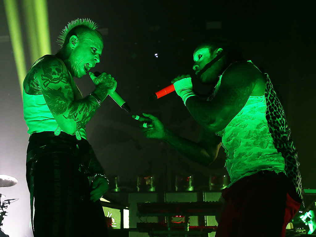 Keith Flint and Maxim Reality of The Prodigy perform live on stage at O2 Academy Brixton on December 21, 2017 in London, England.