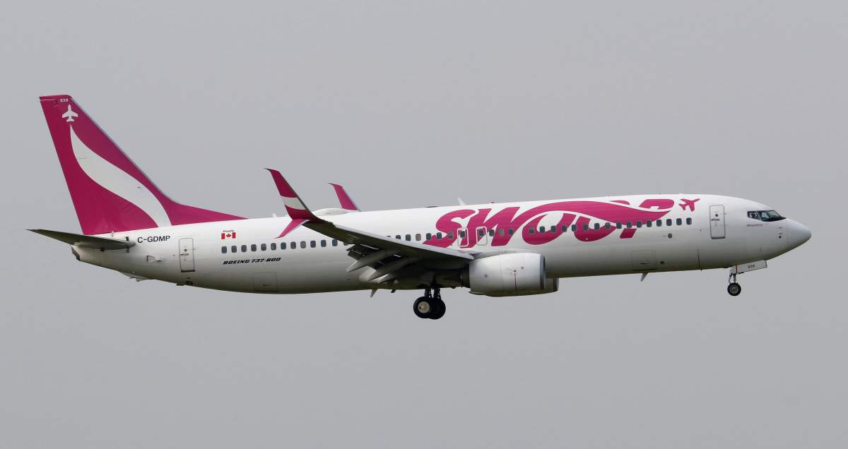 A Boeing 737 (737-800) jetline owned by Swoop airlines.