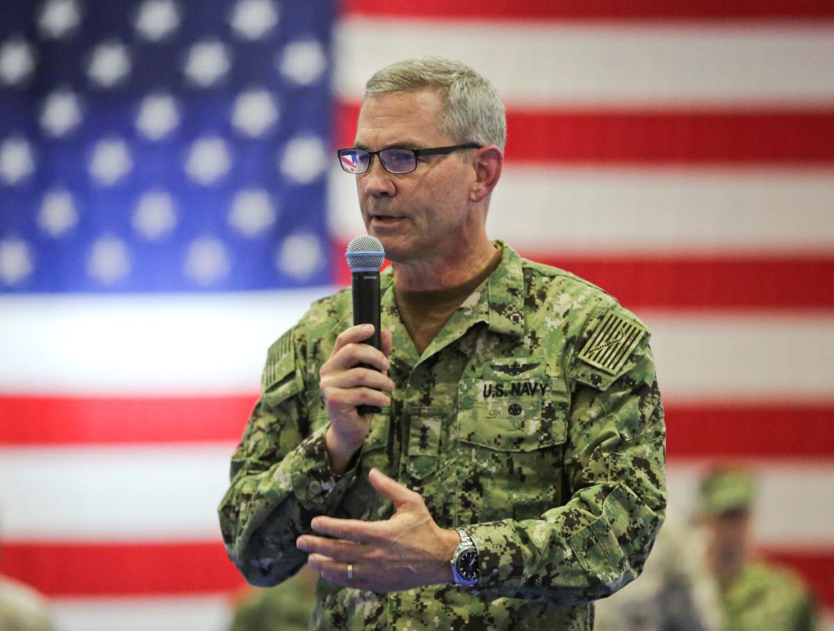 U.S. Navy Vice Adm. Scott A. Stearney, commander of U.S. Naval Forces Central Command/U.S. 5th Fleet/Combined Maritime Forces, delivers remarks during the Naval Amphibious Force, Task Force 51/5th Marine Expeditionary Brigade change of command ceremony in Manama, Bahrain July 3, 2018.