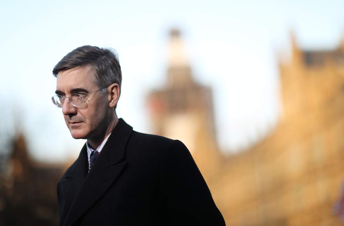 Brexit supporting Conservative MP Jacob Rees-Mogg is interviewed by a television channel in a temporary studio opposite the Houses of Parliament in London, Britain, December 11, 2018.