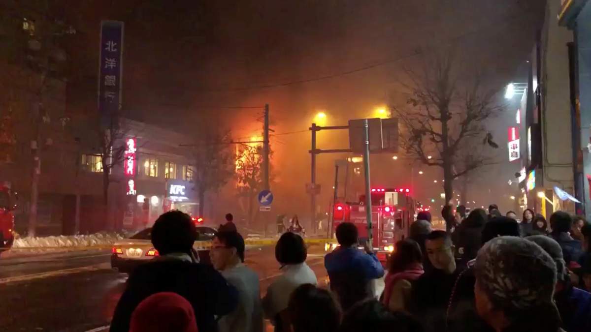 A view of a site of an explosion at a bar in Sapporo, Japan, December 16, 2018 in this still image taken from a video obtained from social media.