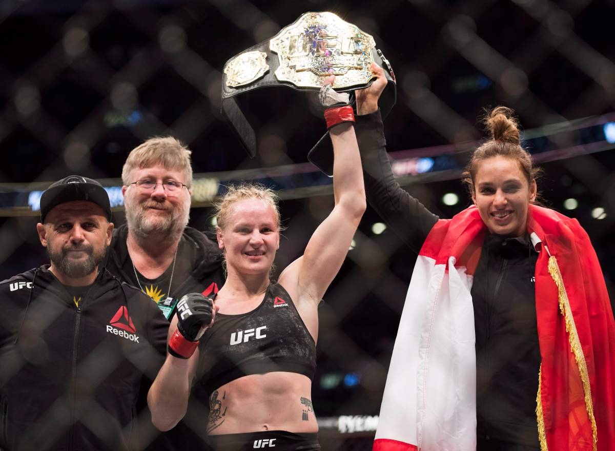 Valentina Shevchenko reacts after defeating Joanna Jedrzejczyk during the UFC Women’s Flyweight title bout in Toronto on Sunday, Dec. 9, 2018. THE CANADIAN PRESS/Nathan Denette