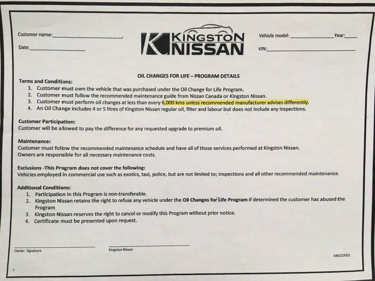 A photo sent in by a car owner shows an unsigned contract she say she was sent after she had already been signed on to the free oil change program for years.