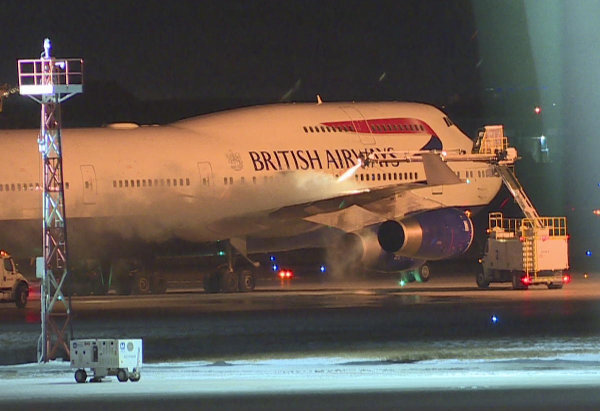 A British Airways Boeing 747 de-icing after being diverted to Winnipeg from London, U.K., on its way to San Diego, Calif.