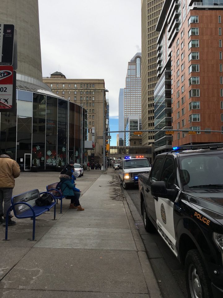 Calgary police officers and vehicles could be seen outside the Calgary Tower on Thursday as authorities across North America dealt with numerous bomb threats.