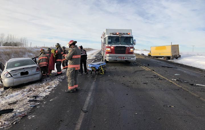 RCMP closed Highway 5 east of Saskatoon after a collision between a car and a transport truck left one dead.