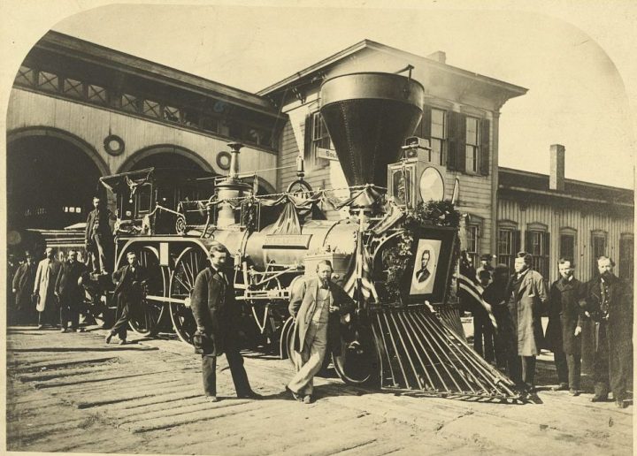 A locomotive used in Abraham Lincoln’s funeral train is shown in Ohio in 1865.