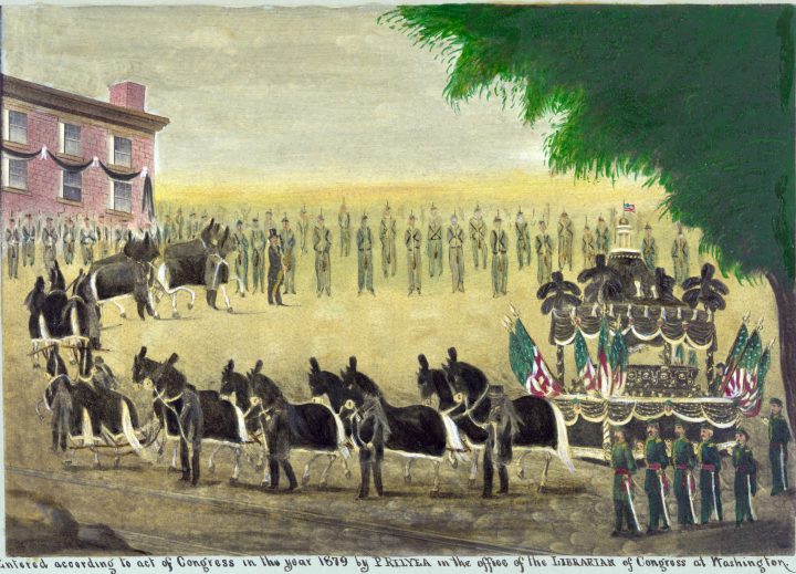 Abraham Lincoln’s funeral car in New York City on April 26th, 1865 in this folk art style painting.