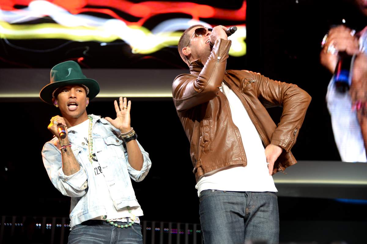 Pharrell Williams and Robin Thicke perform during the Walmart 2014 annual shareholders meeting on June 6, 2014, at Bud Walton Arena in Fayetteville, Ark.