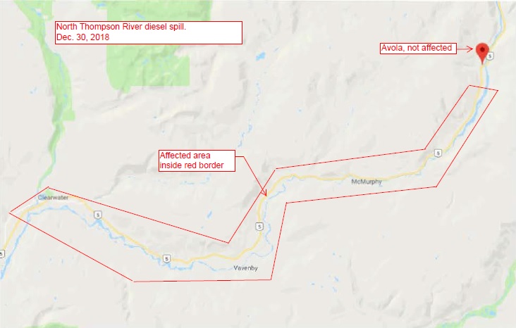 Interior Health said that those who live inside the affected area should not use any water from the North Thompson River if it smells or tastes like fuel. The impacted area is between the spill site 10 kilometres south of Avola and the confluence of the North Thompson and Clearwater Rivers.