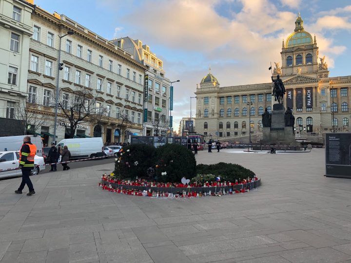 Emergency responders are seen at the scene where a man set himself on fire in downtown Prague, Czech Republic, Jan. 18, 2019.