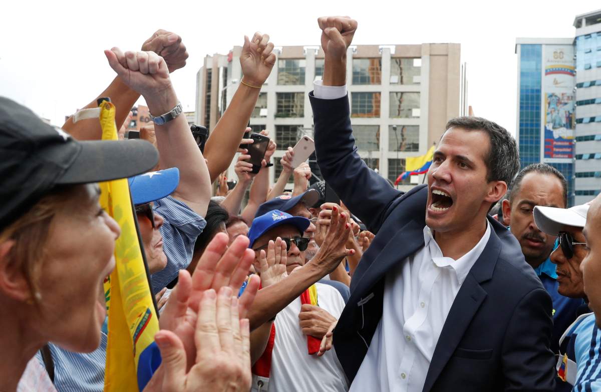 Juan Guaido, president of Venezuela’s National Assembly, joins protesters in Caracas, Venezuela, on Jan. 23, 2019.