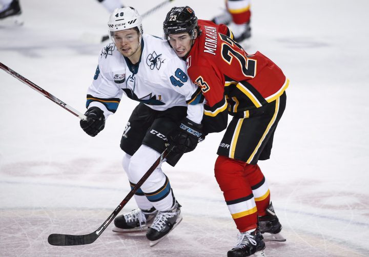 San Jose Sharks’ Tomas Hertl, left, of the Czech Republic, and Calgary Flames’ Sean Monahan struggle for position during second period NHL hockey action in Calgary, Monday, Dec. 31, 2018.