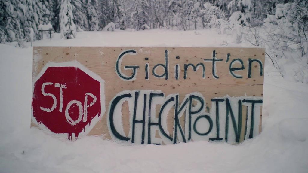 A sign for a blockade check point by the Gidimt'en clan of the Wet'suwet'en First Nation is shown in this undated handout photo posted on the Wet'suwet'en Access Point on Gidumt'en Territory Facebook page. 