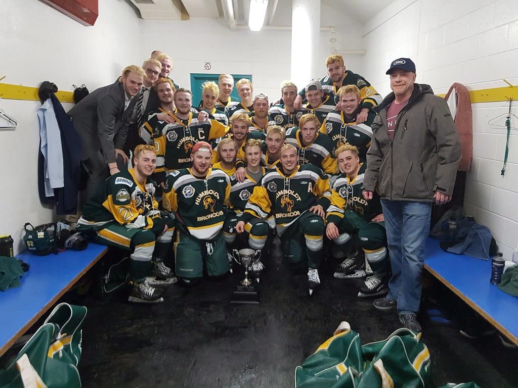 Members of the Humboldt Broncos junior hockey team are shown in a photo posted to the team Twitter feed, @HumboldtBroncos on March 24, 2018 after a playoff win over the Melfort Mustangs. THE CANADIAN PRESS/Twitter-@HumboldtBroncos
