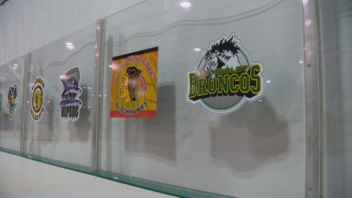 Decals show the teams Logan Schatz played for from novice to the SJHL.