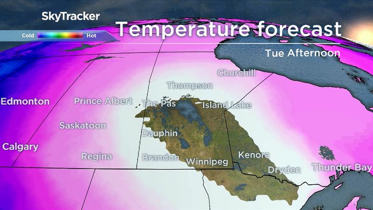 The white or uncoloured sections of the map show a forecast temperature that is even too low for the colour scale.