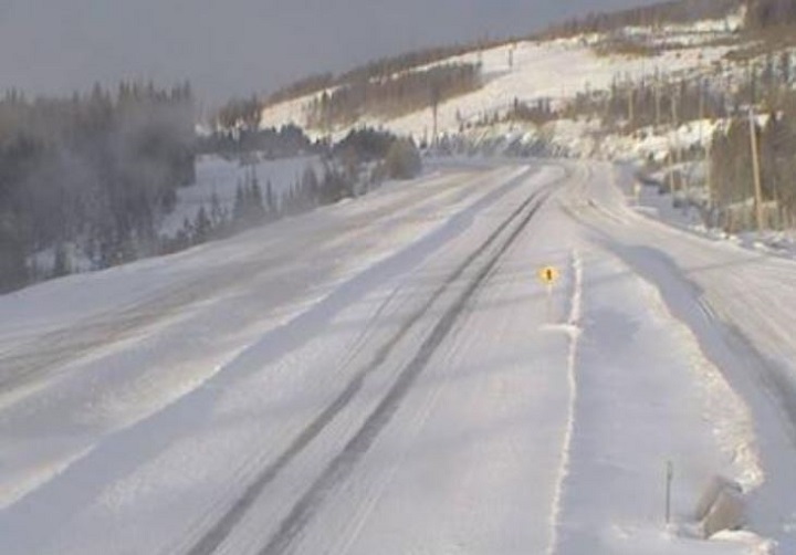 Road conditions along the Elkhart section of the Okanagan Connector, approximately 25 kilometres east of the Highway 5A/97C junction. Elevation: 1,621 metres.