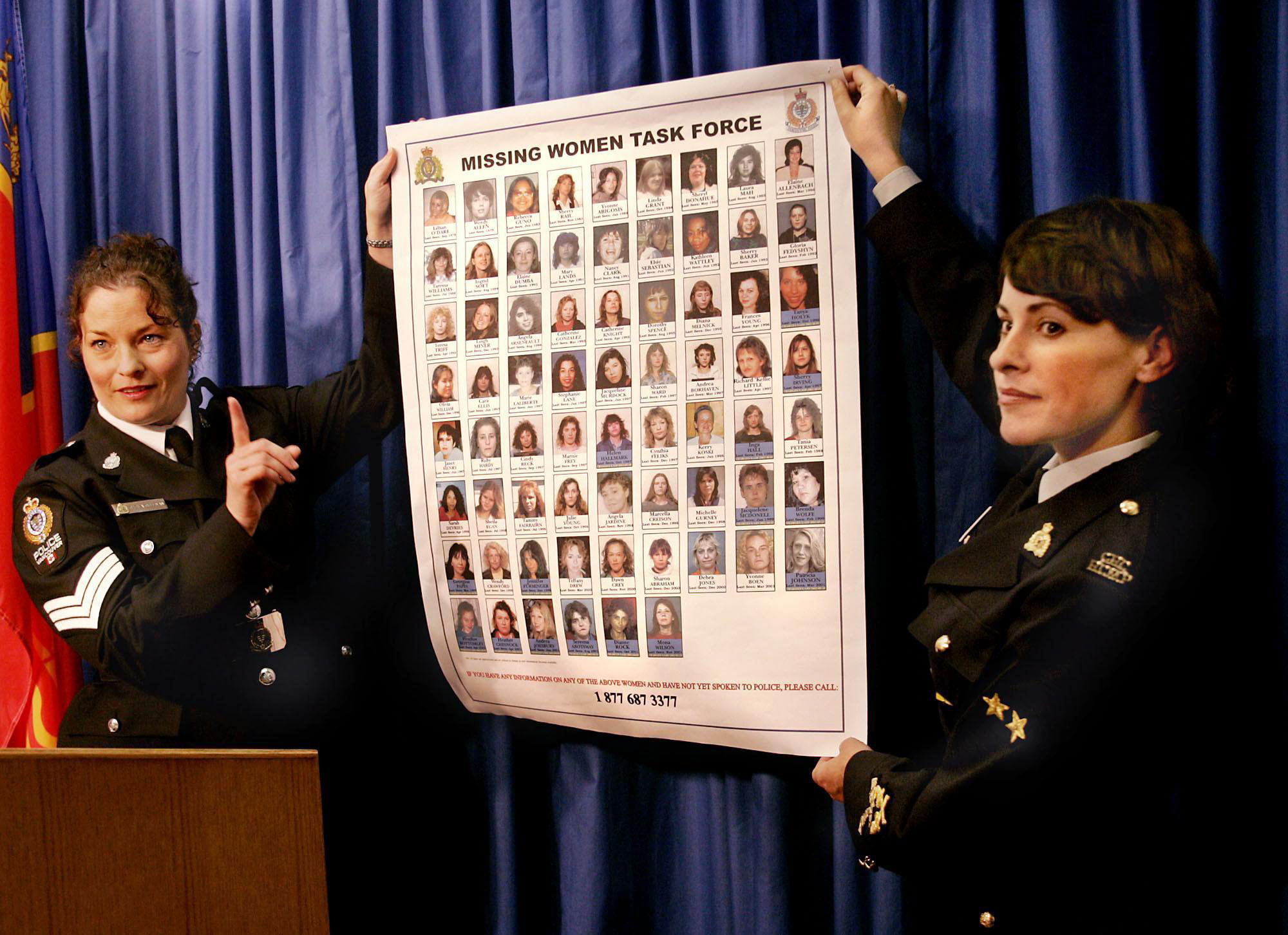 Vancouver Police Sgt. Sheila Sullivan (left) and RCMP Cpl. Catherine Galliford (right) hold up a new poster released by the Missing Women Task Force in Vancouver, Wednesday Oct. 6, 2004.