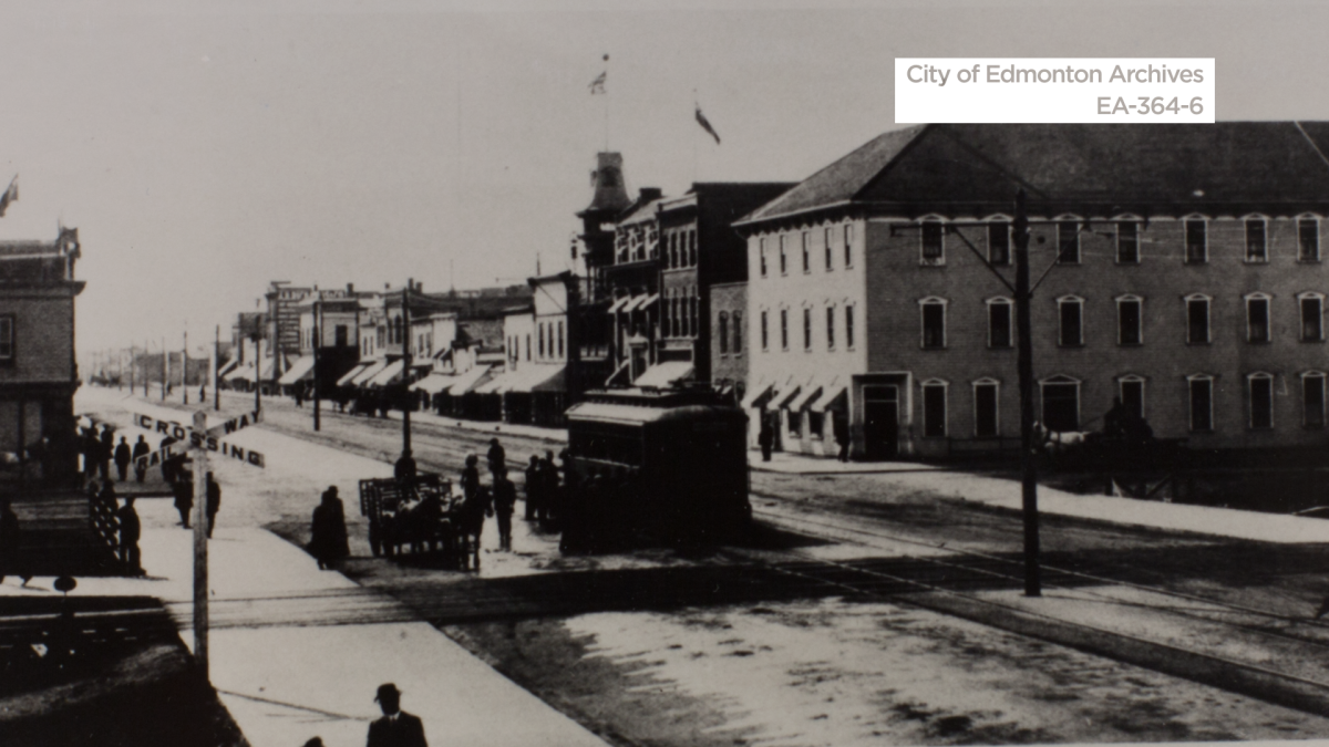 Whyte Avenue looking west in 1910 with the Strathcona Hotel to the right.