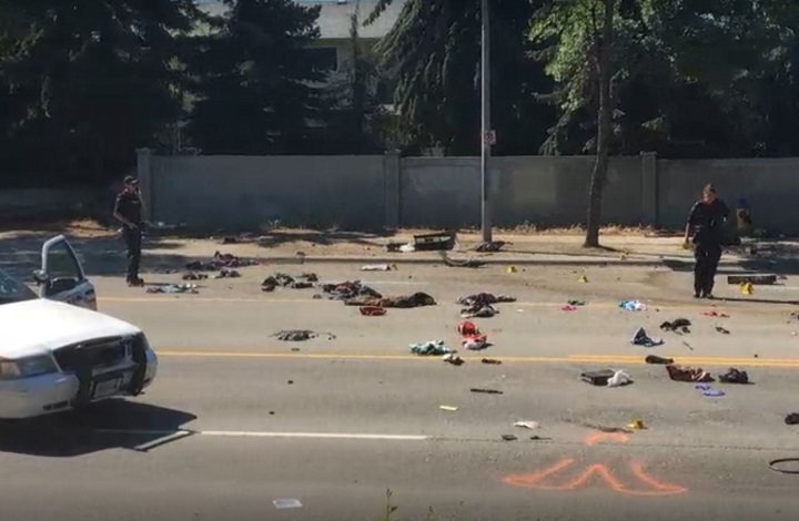 Debris was scattered across Highway 33 in Kelowna on June 20, 2018, when a speeding silver coupe hit a concrete fence.